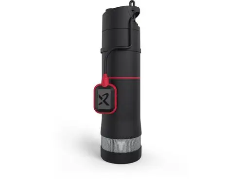 Schwarze, runde Pumpe von Grundfos mit einem roten Schalter. Der obere Teil ist mit einer Halterung und einer roten Zugkordel ausgestattet. Der untere Teil hat eine silberne Metalloberfläche.